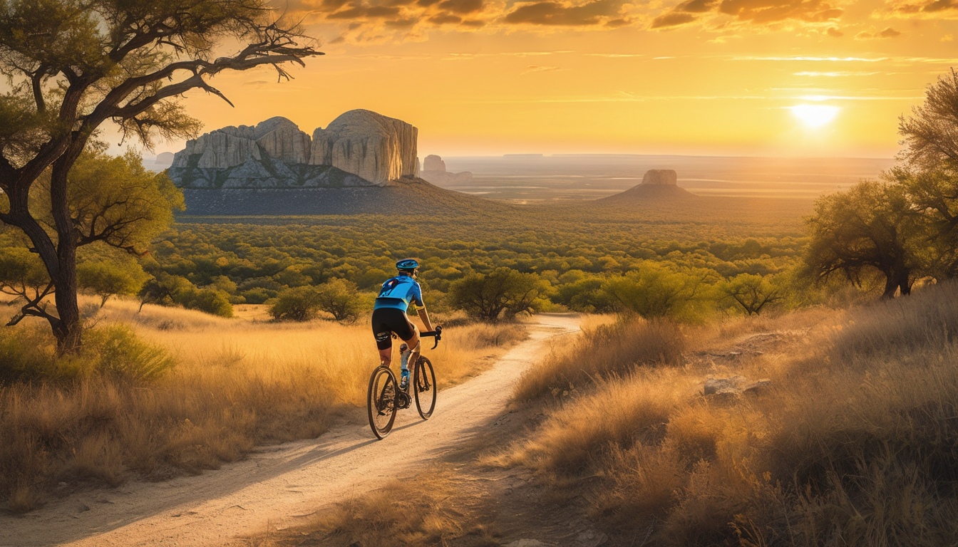 Cyclist rides along a dirt trail at sunset with scenic Texas mesas in the distance, capturing the thrill of TMBRA trail racing.