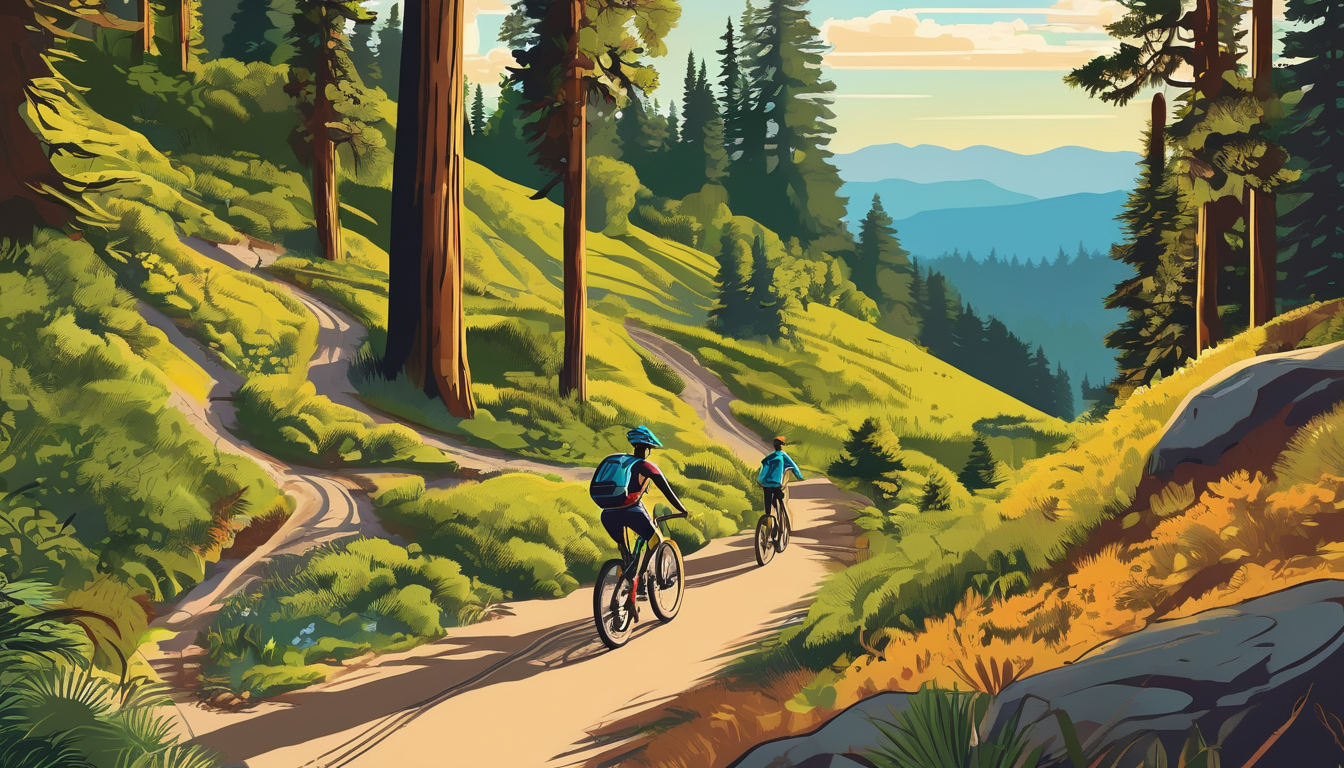 Mountain bikers ride through a lush forest trail with rolling hills, illustrating adventure and nature exploration in the context of CAMTB success.