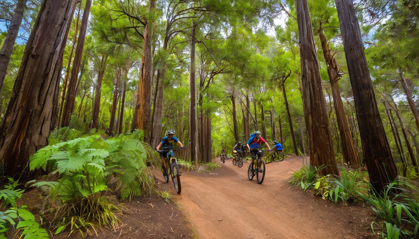 Mountain bikers navigate a lush forest trail, exemplifying SDMBA’s focus on trail advocacy and outdoor recreation.