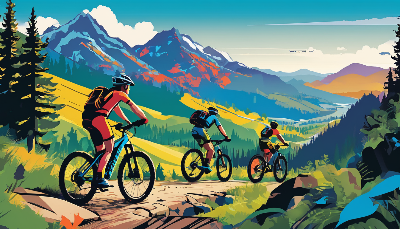 Mountain bikers ride on a scenic trail through vibrant hills and mountains, perfect for a cross-country race event.